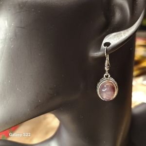 Synthetic Amethyst Silver Bezel Drop Earrings Tribal Dangle Earrings NWT